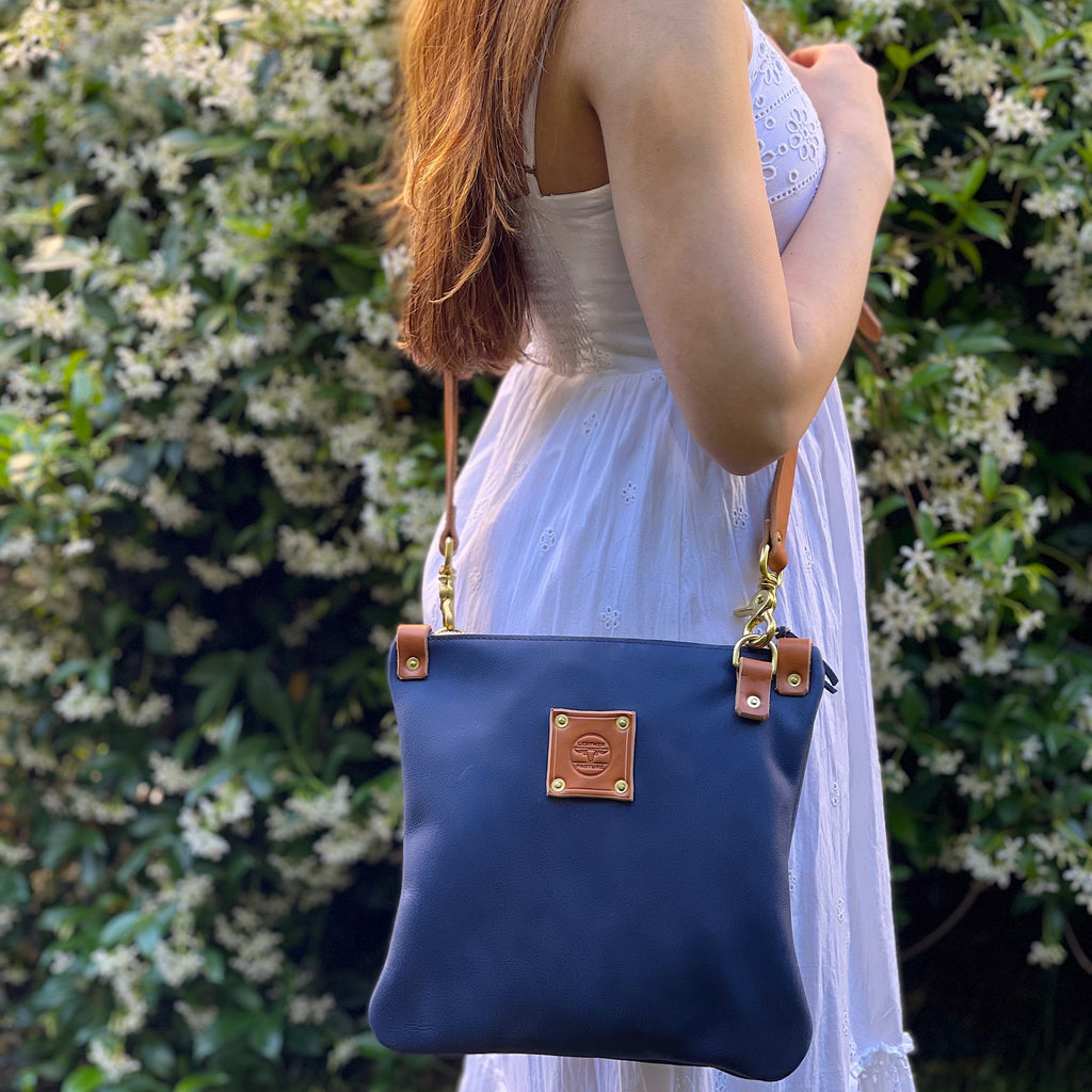 Mini Leather Messenger in Navy